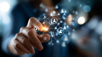Human resources network concept with interconnected people icons faceless hand interaction defocused background personnel connection visualization workforce management
