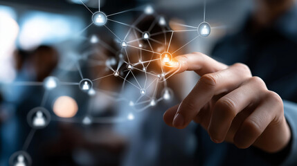 Human resources network concept with interconnected people icons faceless hand interaction defocused background personnel connection visualization workforce management