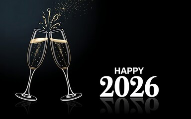 wo champagne flutes toasting with happy 2026 text on a dark background for celebration and new year