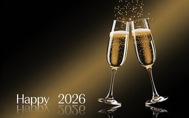 wo champagne flutes toasting with happy 2026 text on a dark background for celebration and new year