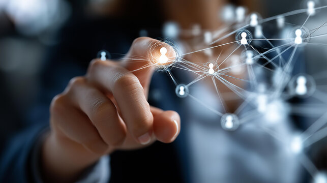 Human resources network concept with interconnected people icons faceless hand interaction defocused background personnel connection visualization workforce management