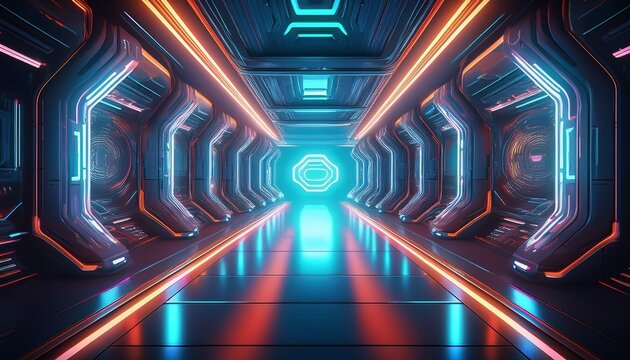 futuristic sci fi corridor background with neon lights