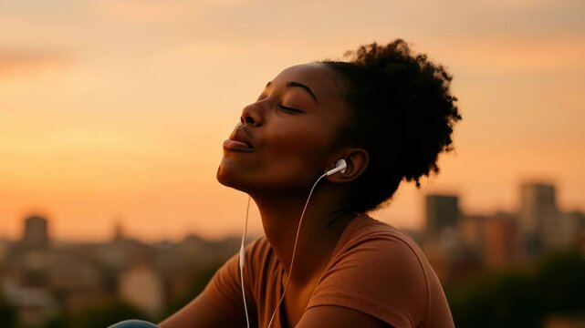 A joyful woman with earphones smiles at sunset. Captured from a side angle, the video conveys a sense of peace and happiness against a cityscape backdrop.