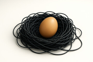A brown egg in a nest of tangled black wires.