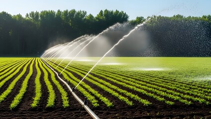 Agricultural field being irrigated by sprinklers under a bright sky with a line of dark green trees in the background