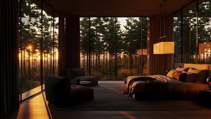 Luxurious modern bedroom with floortoceiling windows overlooking a dense forest at sunset