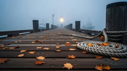 Wooden pier extending into thick fog with a single light illuminating the path and autumn leaves scattered on the planks