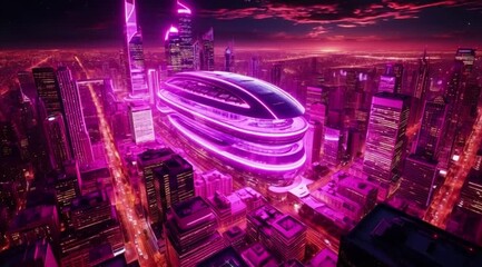 Futuristic city skyline with illuminated stadium at night in pink tones  