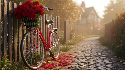 A charming red bicycle with a basket full of red roses leans against a rustic wooden fence on an autumn morning