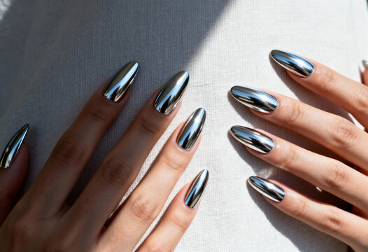 Woman's hands with a trendy silver chrome manicure. Futuristic long nails with a metallic mirror effect polish. Modern beauty and nail art concept