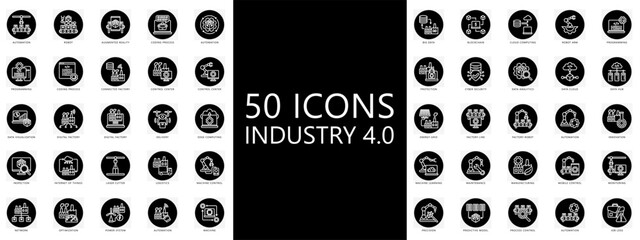 Industry 4.0 icon button pack. contain automation, delivery, digital factory, robot, IOT, green industry, monitoring, process and more. Vector for print, digital UI, UX kit, web and app development.