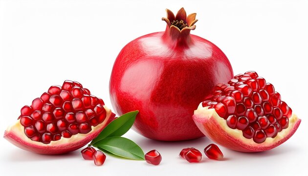 fresh pomegranate slices and seeds isolated on white background
