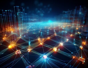 blockchain network visualization glowing interconnected nodes futuristic digital finance background cybersecurity emphasis