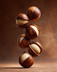 Macadamia nuts in their shells stacked on top of each other