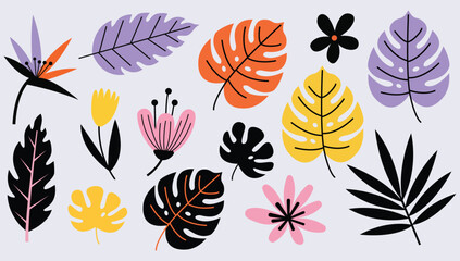 Colorful Tropical Leaves and Flowers Vector Illustration