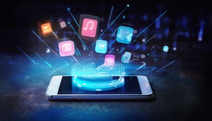 smartphone on sleek desk holographic notifications floating above digital cloud interface cutting edge mobile technology concept