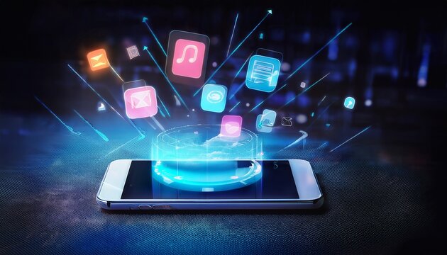 smartphone on sleek desk holographic notifications floating above digital cloud interface cutting edge mobile technology concept