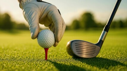 Close-up, low-angle shot of a golf club and tee on a sunlit course, capturing the anticipation of a swing. Ideal for a sports video concept. Live desktop wallpaper.