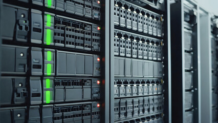 Close-up of a data center server rack with multiple black storage arrays, hosting concept.