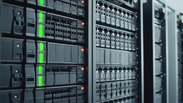 Close-up of a data center server rack with multiple black storage arrays, hosting concept.