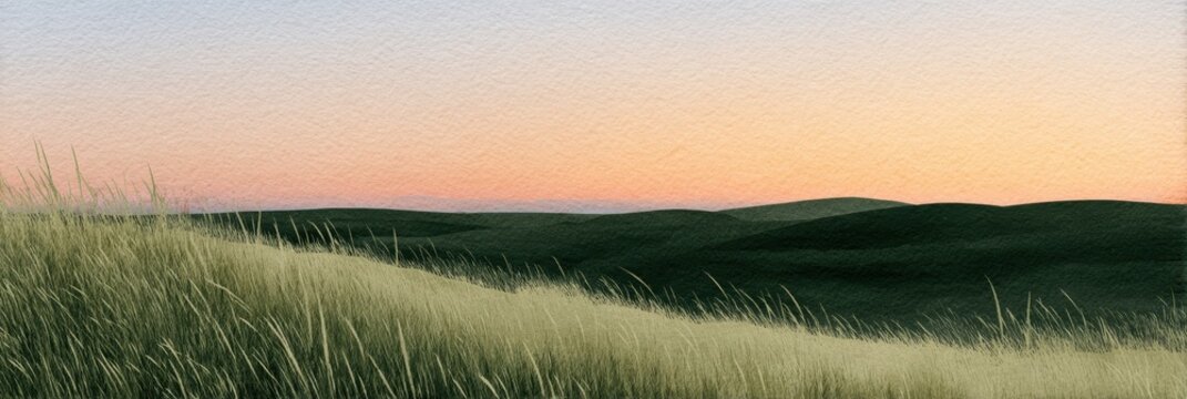 kansas prairie watercolor, tranquil watercolor postcard of kansas prairie at sunset with rolling tallgrass hills, subtle sunflower, and expansive sky