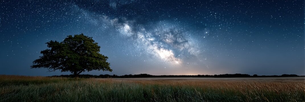starry night sky, a stunning web banner showcases the expansive kansas night sky filled with countless stars and the faint glow of the milky way, with a lone barn or tree silhouetted against the - Powered by Adobe