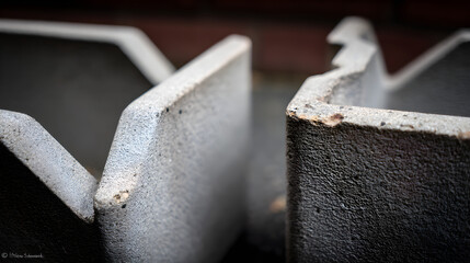 Close-up of weathered concrete planters casting shadows in natural light.