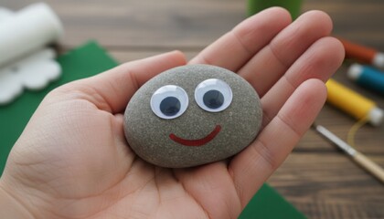 Hand holding painted pebble character with bright smile in diy craft workspace symbolizing childhood creativity kindness and mental health support