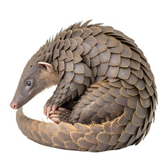 Pangolin curled up in a defensive posture on a black background.