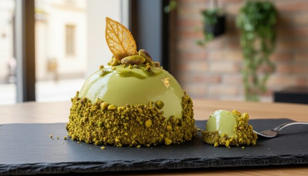 pistachio dessert in cafe showcasing artisan patisserie trend and culinary culture with focus on natural ingredient theme