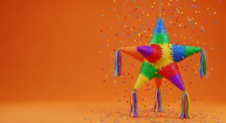 pinata with rainbow ribbons hanging on orange background with copy space for text. Festive celebration symbol for Cinco de Mayo, birthday parties or carnival themes. for vibrant event marketing.
