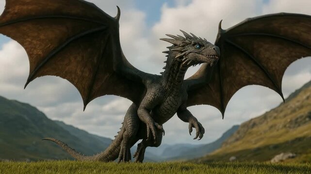 Epic fantasy scene of a dragon in flight, captured from a low-angle, cinematic video style, showcasing its majestic wings against a mountainous backdrop. Live desktop wallpaper.