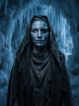 Hel the Norse goddess of death with half decaying face standing in a frozen ice cave