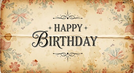 Vintage floral happy birthday card design with decorative elements and aged paper texture style graphic