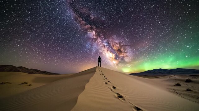 A lone figure stands atop a desert dune, gazing at the breathtaking milky way galaxy under a starry night sky