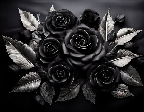 black roses and leaves cluster together enveloped in mystery and accentuated by subtle lighting exuding an aura of elegance and intrigue
