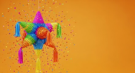 pinata with rainbow ribbons hanging on orange background with copy space for text. Festive celebration symbol for Cinco de Mayo, birthday parties or carnival themes. for vibrant event marketing.