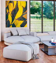 Naklejka premium Large luxury modern bright interiors Living room mockup illustration 3D rendering image