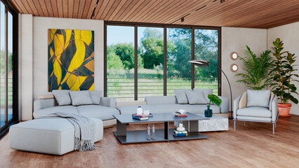 Naklejka premium Large luxury modern bright interiors Living room mockup illustration 3D rendering image