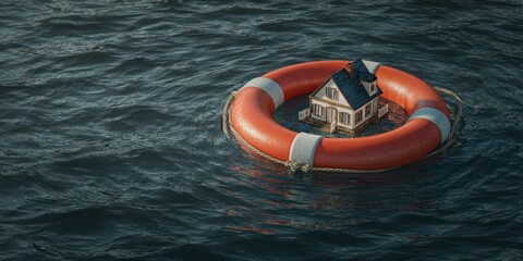 House floating in the ocean on a life preserver.