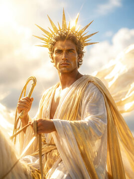 Helios the Greek Titan god of the sun wearing a golden ray crown and driving a chariot in the sky