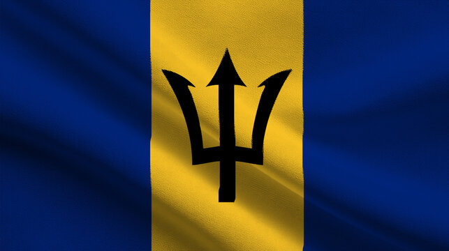 Sovereignty represented by the national flag of Barbados waving in a strong breeze under a clear sky