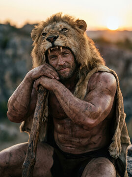 Hercules the Greek hero wearing the Nemean lion skin holding a wooden club