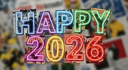 Vibrant Neon Happy 2026 Celebration Sign For New Year Festivities.