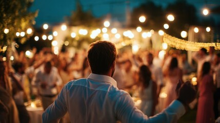 Joyful outdoor celebration under twinkling lights with dancing crowd.