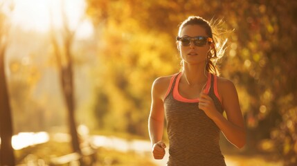 A woman runs along a park path surrounded by vibrant autumn foliage. The golden sunlight creates a warm atmosphere as she enjoys her exercise routine.