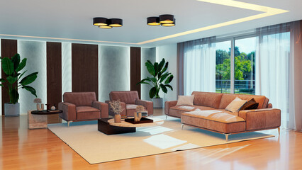 Naklejka premium Large luxury modern bright interiors Living room mockup illustration 3D rendering image