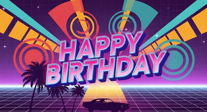Retro birthday celebration with car and palm trees for a fun and nostalgic birthday party vibe - Powered by Adobe