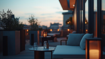 Elegant rooftop terrace lounge with cityscape views offers relaxed urban escape for stylish evening gatherings