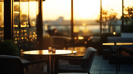 Romantic dinner table with candles and atmospheric golden sunset view from a luxury rooftop restaurant